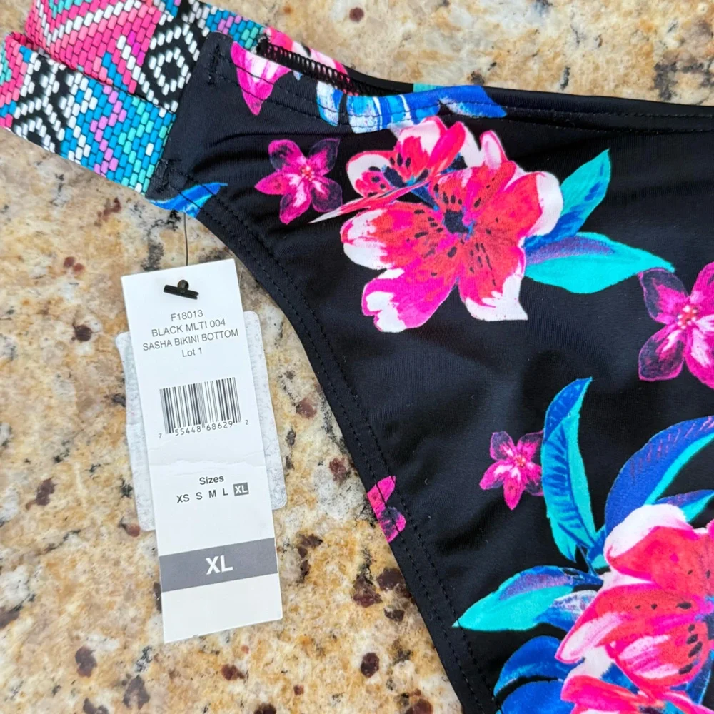 SUNDAZED Sasha Swim Bottom Floral Size XL Black Pink NWT